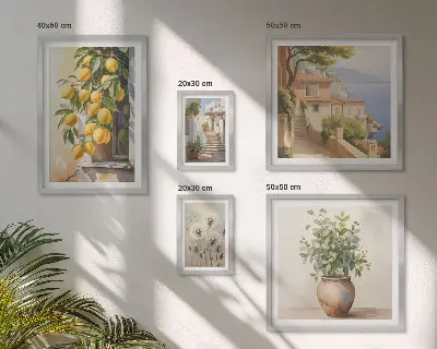 Lot de tableaux encadrés sur le thème des notes d'agrumes dans un style méditerranéen