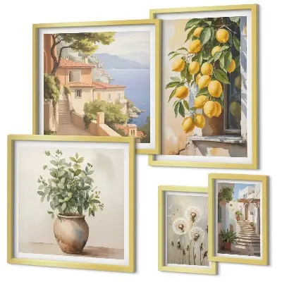 Lot de tableaux encadrés sur le thème des notes d'agrumes dans un style méditerranéen