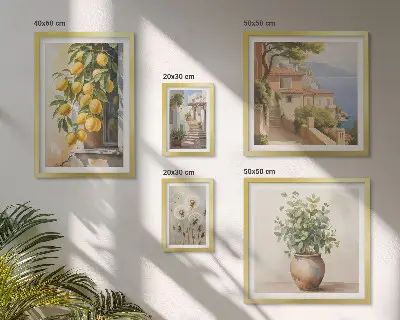 Lot de tableaux encadrés sur le thème des notes d'agrumes dans un style méditerranéen
