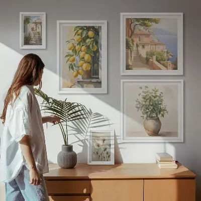 Lot de tableaux encadrés sur le thème des notes d'agrumes dans un style méditerranéen