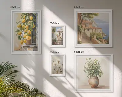 Lot de tableaux encadrés sur le thème des notes d'agrumes dans un style méditerranéen