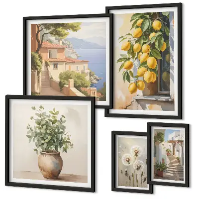 Lot de tableaux encadrés sur le thème des notes d'agrumes dans un style méditerranéen