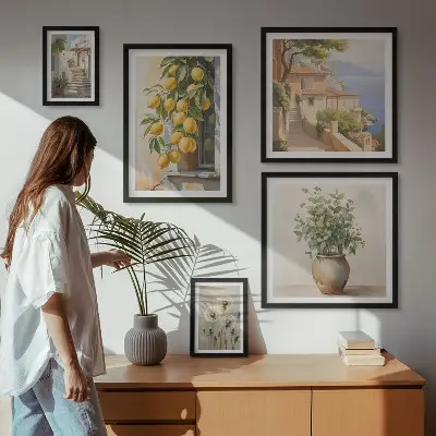 Lot de tableaux encadrés sur le thème des notes d'agrumes dans un style méditerranéen