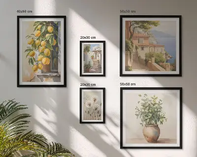Lot de tableaux encadrés sur le thème des notes d'agrumes dans un style méditerranéen