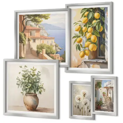 Lot de tableaux encadrés sur le thème des notes d'agrumes dans un style méditerranéen