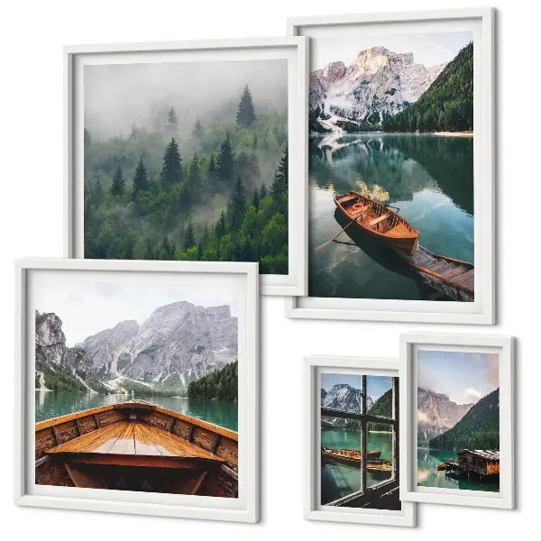 Tableau de décoration murale représentant des bateaux sur des lacs de montagne calmes