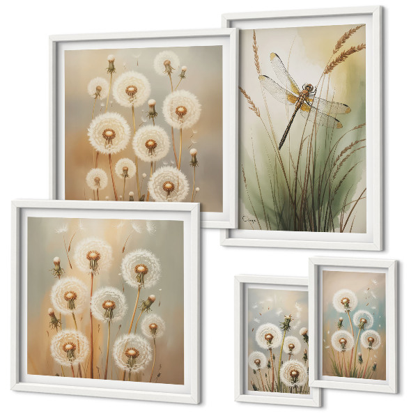 Ensemble de 5 tableaux Motifs floraux de libellules et de pissenlits