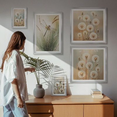 Ensemble de 5 tableaux Motifs floraux de libellules et de pissenlits