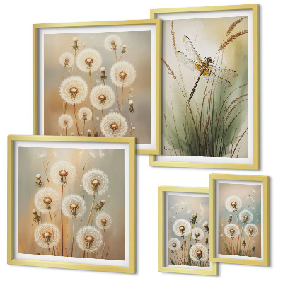 Ensemble de 5 tableaux Motifs floraux de libellules et de pissenlits
