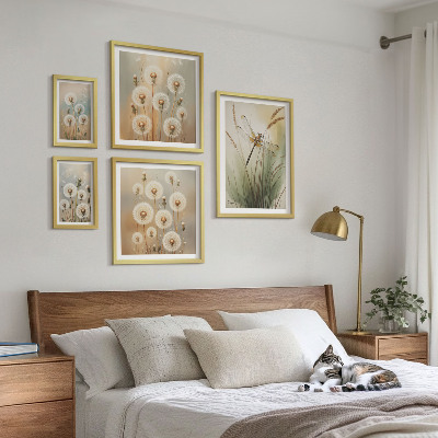 Ensemble de 5 tableaux Motifs floraux de libellules et de pissenlits
