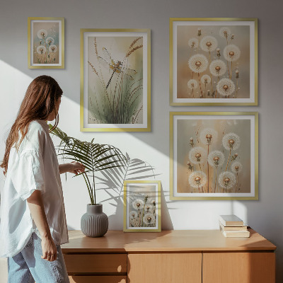 Ensemble de 5 tableaux Motifs floraux de libellules et de pissenlits