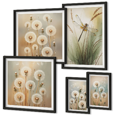 Ensemble de 5 tableaux Motifs floraux de libellules et de pissenlits