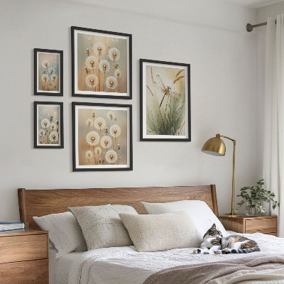Ensemble de 5 tableaux Motifs floraux de libellules et de pissenlits