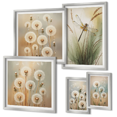 Ensemble de 5 tableaux Motifs floraux de libellules et de pissenlits