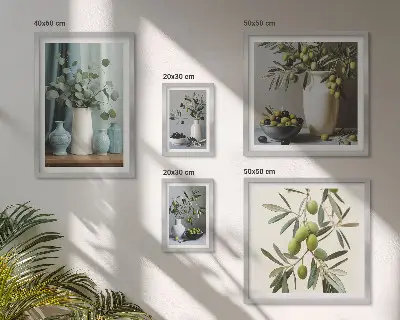Lot de tableaux encadrés représentant des olives vertes dans un vase