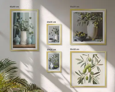 Lot de tableaux encadrés représentant des olives vertes dans un vase