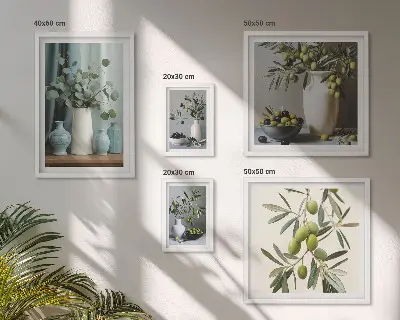 Lot de tableaux encadrés représentant des olives vertes dans un vase