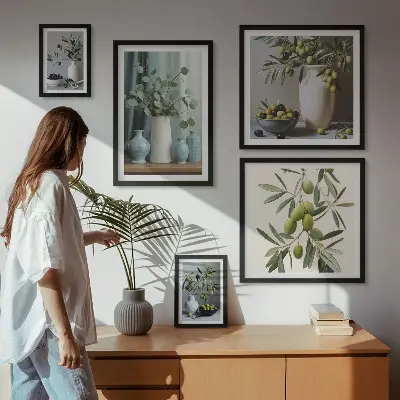 Lot de tableaux encadrés représentant des olives vertes dans un vase