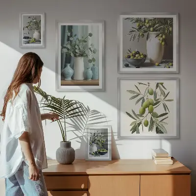 Ensemble de 5 tableaux fleurs d'oliviers verts au style scandinave