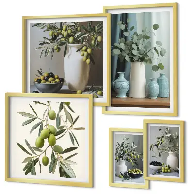 Ensemble de 5 tableaux fleurs d'oliviers verts au style scandinave