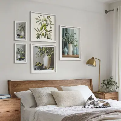 Ensemble de 5 tableaux fleurs d'oliviers verts au style scandinave