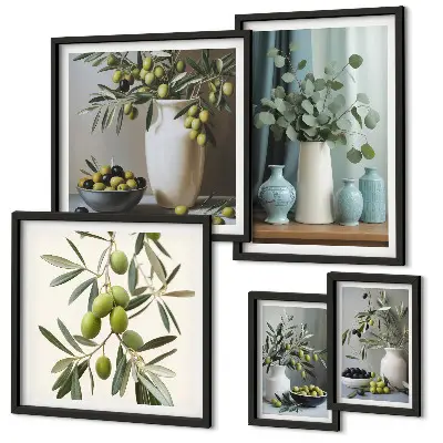 Ensemble de 5 tableaux fleurs d'oliviers verts au style scandinave