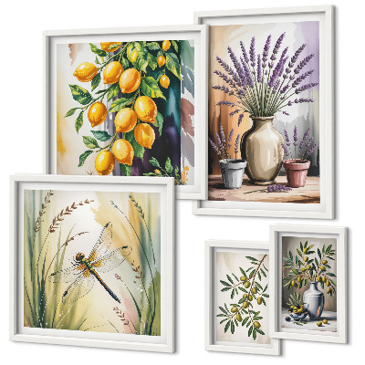 Lot de tableaux encadrés Olives citronnées florales rustiques