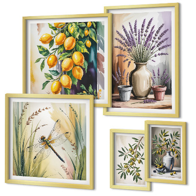 Lot de tableaux encadrés Olives citronnées florales rustiques