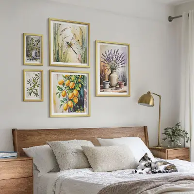 Lot de tableaux encadrés motifs d'olives et fleurs style rustique