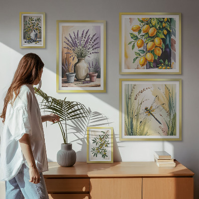Lot de tableaux encadrés Olives citronnées florales rustiques