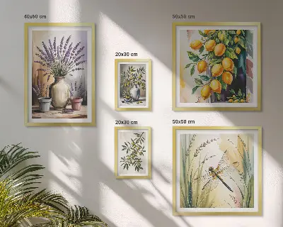 Lot de tableaux encadrés motifs d'olives et fleurs style rustique