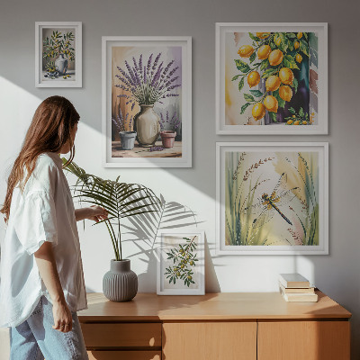 Lot de tableaux encadrés Olives citronnées florales rustiques