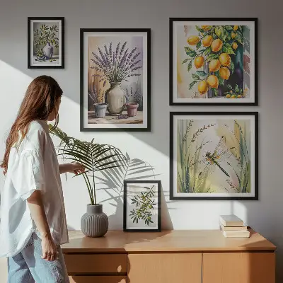 Lot de tableaux encadrés motifs d'olives et fleurs style rustique