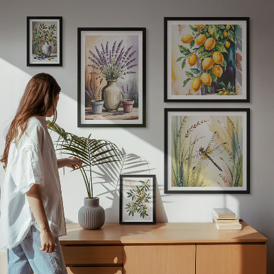 Lot de tableaux encadrés Olives citronnées florales rustiques