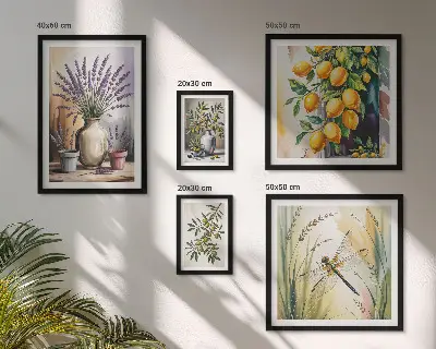 Lot de tableaux encadrés motifs d'olives et fleurs style rustique