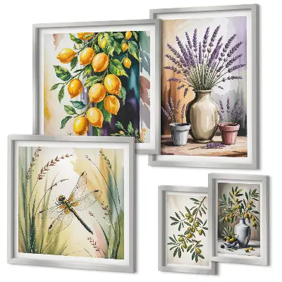 Lot de tableaux encadrés motifs d'olives et fleurs style rustique