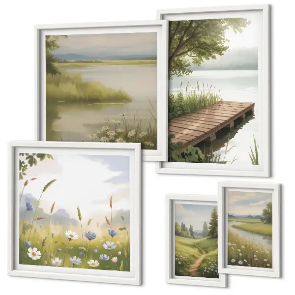 Ensemble de 5 tableaux paysages paisibles avec un pont dans une prairie