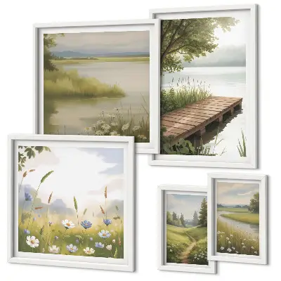 Ensemble de 5 tableaux paysages paisibles avec un pont dans une prairie
