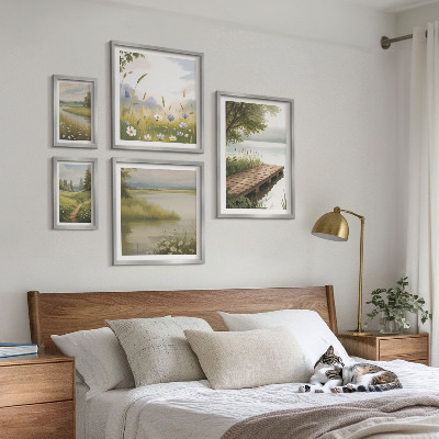 Ensemble de 5 tableaux Paysages paisibles avec un pont de prairie