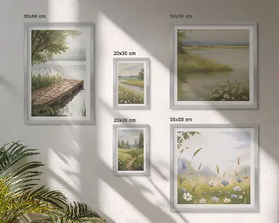 Ensemble de 5 tableaux paysages paisibles avec un pont dans une prairie