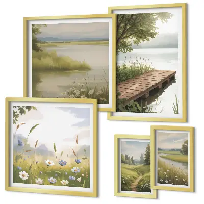 Ensemble de 5 tableaux paysages paisibles avec un pont dans une prairie