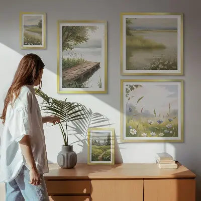 Ensemble de 5 tableaux paysages paisibles avec un pont dans une prairie