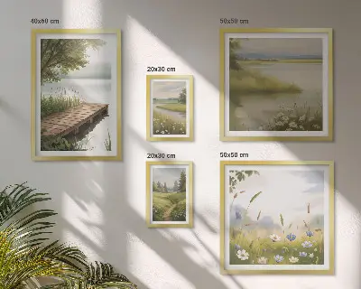 Ensemble de 5 tableaux paysages paisibles avec un pont dans une prairie