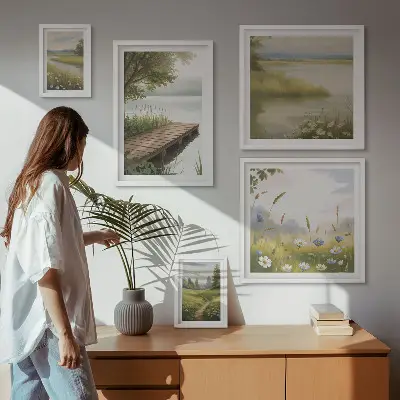 Ensemble de 5 tableaux paysages paisibles avec un pont dans une prairie