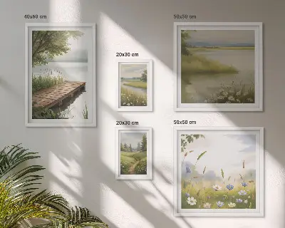 Ensemble de 5 tableaux paysages paisibles avec un pont dans une prairie