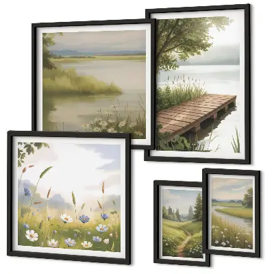 Ensemble de 5 tableaux paysages paisibles avec un pont dans une prairie