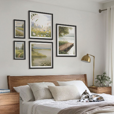 Ensemble de 5 tableaux Paysages paisibles avec un pont de prairie