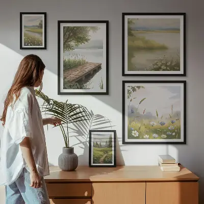 Ensemble de 5 tableaux paysages paisibles avec un pont dans une prairie