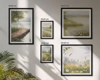 Ensemble de 5 tableaux paysages paisibles avec un pont dans une prairie