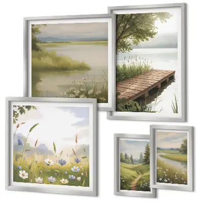 Ensemble de 5 tableaux paysages paisibles avec un pont dans une prairie